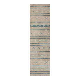 Mid 20th Century Vintage Turkish Kilim Runner With Stripes in Green Gray and Cream Shades For Sale