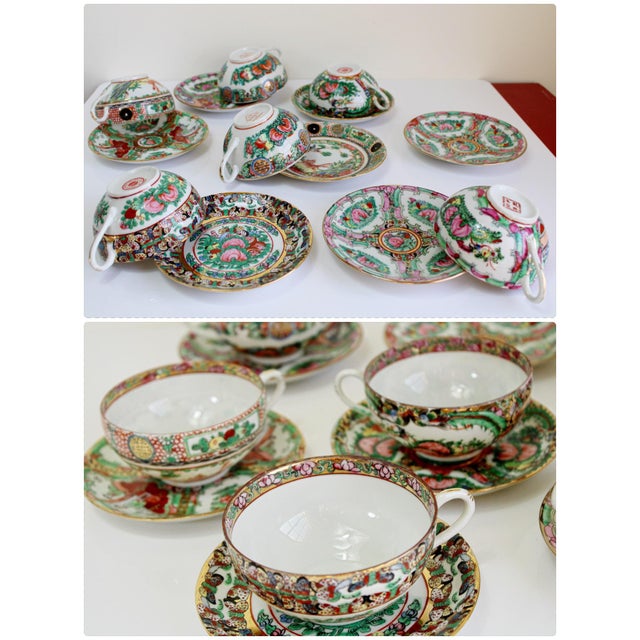 Vintage Large Famille Rose Medallions Set Salad Bowl, Oval Platter, Tea Cups & Saucers, Mini Sake/Rice Bowls Set - 19 Pieces For Sale In Miami - Image 6 of 13