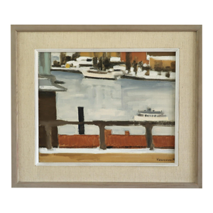 1968 Mid-Century Modern 'Harbour View' Vintage Swedish Abstract Coastal Landscape Oil Painting, Framed