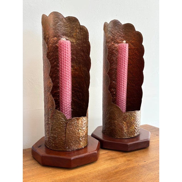 Mid 20th Century Hammered Copper Scalloped Candlestick Holders on Wood Base For Sale - Image 9 of 9