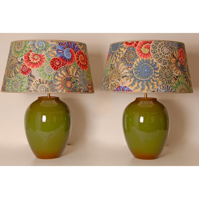 Vintage Table Lamps French Ceramic Vase Lamps Green Colorful Ammonite Lampshade a Pair For Sale - Image 12 of 12