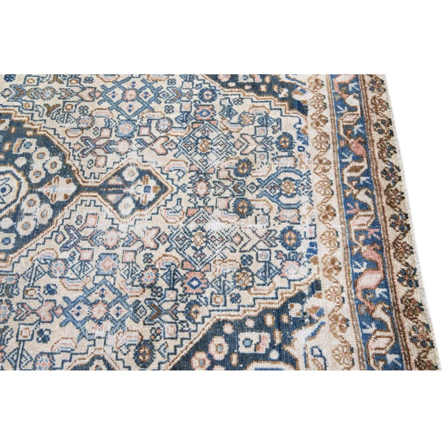 1960s 1960s Vintage Persian Hamadan Shabby Chic Navy Blue Handmade Medallion Wool Rug For Sale - Image 5 of 6