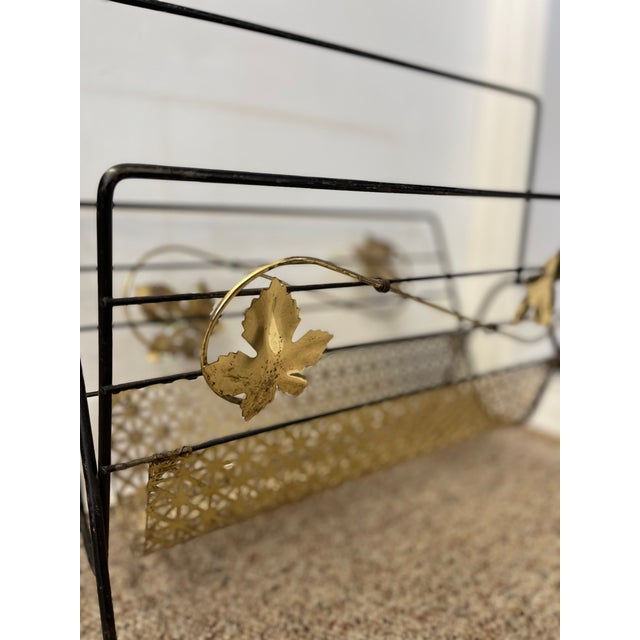 Mid-Century Modern Mid-Century Modern Black Wrought Iron and Brass Toned Magazine Rack With Leaf Motif. For Sale - Image 3 of 7