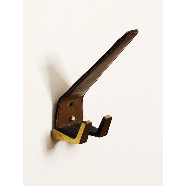 Mid-Century Modern Brass & Leather Wall Hook, 1950s For Sale - Image 3 of 8
