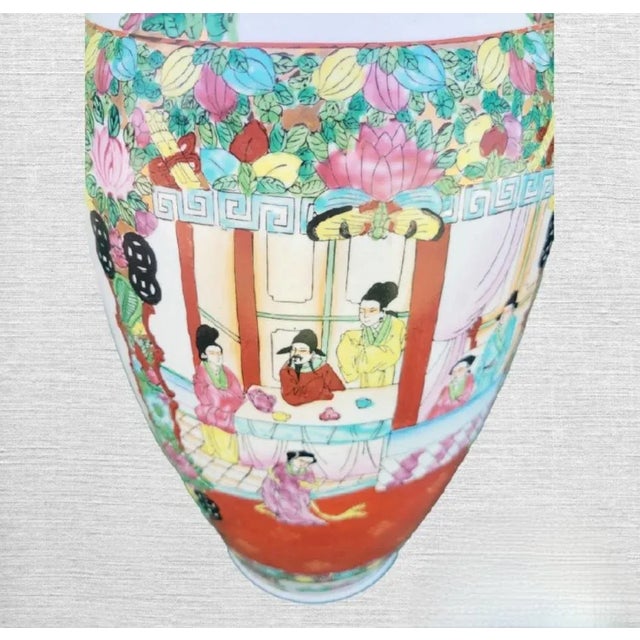 A huge beautiful vintage Chinoiserie decorative floor ceramic vase. The vase features beautiful asian garden scenes with...