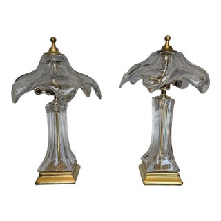 Vintage French Cofrac Art Verrier Style Freeform Crystal, Brass & Sculptural GlassTable Lamps – a Pair For Sale
