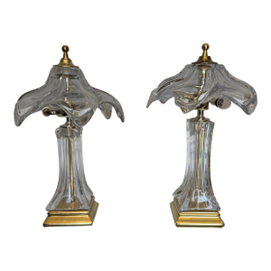 Vintage French Cofrac Art Verrier Style Freeform Crystal, Brass & Sculptural GlassTable Lamps – a Pair