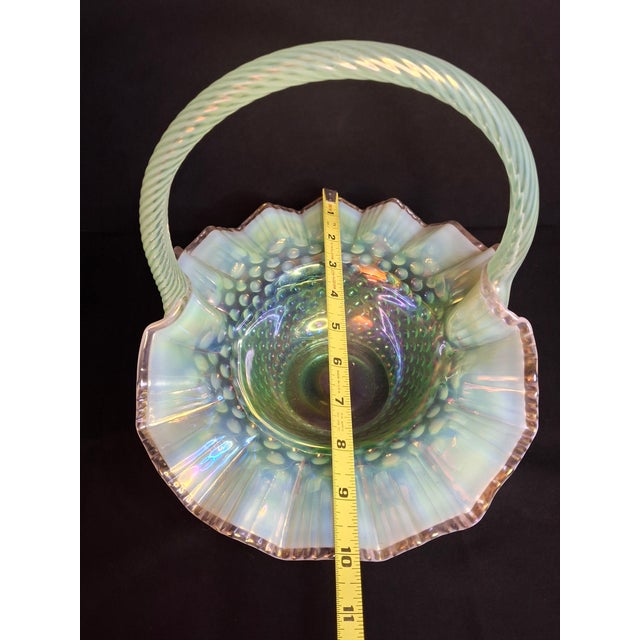 Vintage Fenton Green Opalescent Carnival Hobnail Glass Basket Ruffled Iridescent 10" For Sale - Image 15 of 16