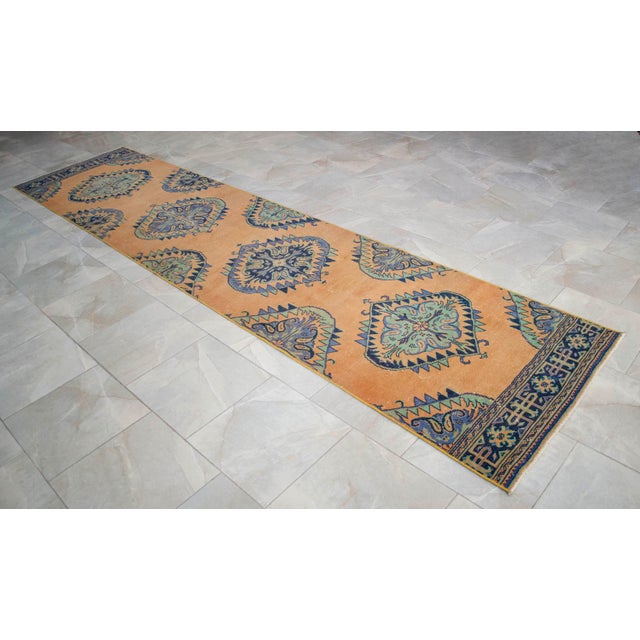 Traditional Ottoman Design Distressed Oushak Runner Rug Faded Colors Low Pile - 2'1″ X 12'9″ For Sale - Image 4 of 12