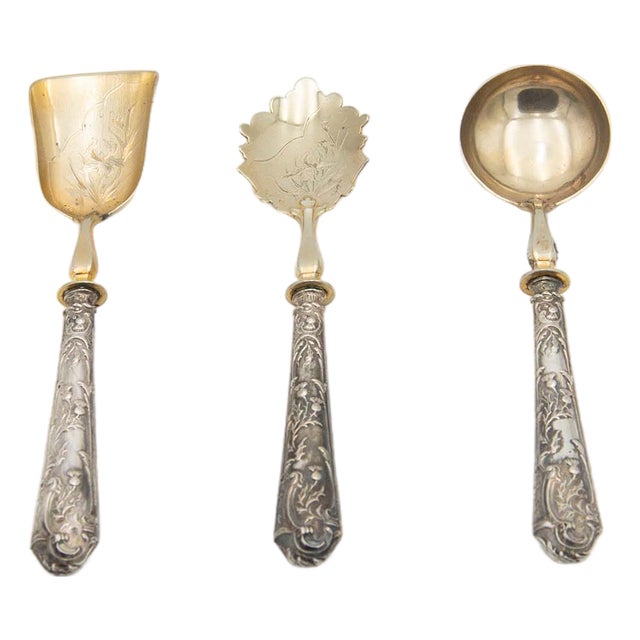 Set of Dessert Spoons with Embossed Silver Handles, Set of 3 For Sale