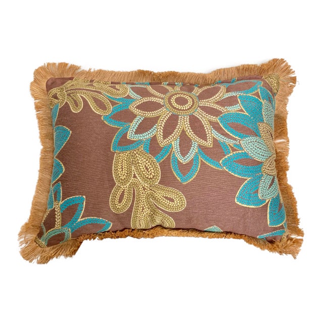 Large Rectangular Brown and Turquoise Floral Pillow With Jute Raffia Fringe For Sale