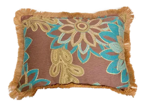 Large Rectangular Brown and Turquoise Floral Pillow With Jute Raffia Fringe