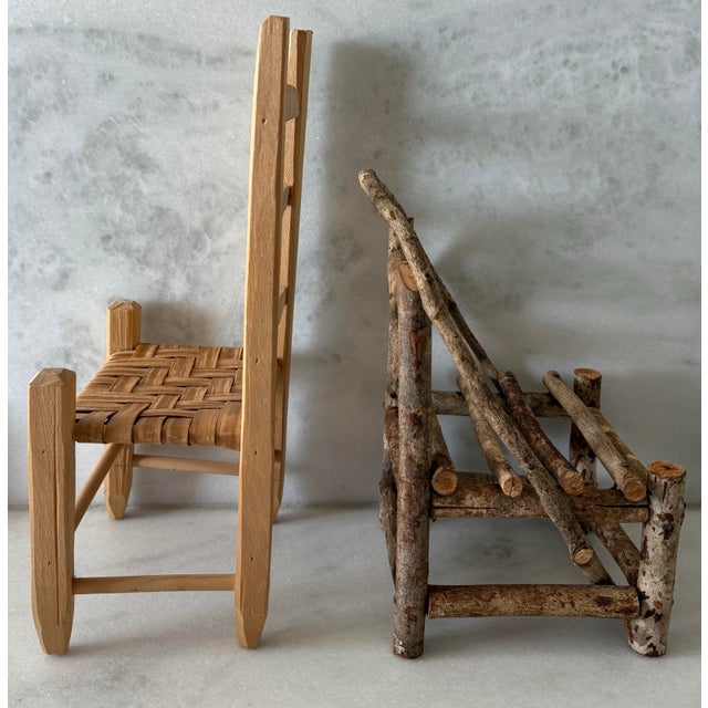 Pair of handmade rustic wooden chairs, likely for dolls or salesman samples. Cute for child use or to table signs, a small...