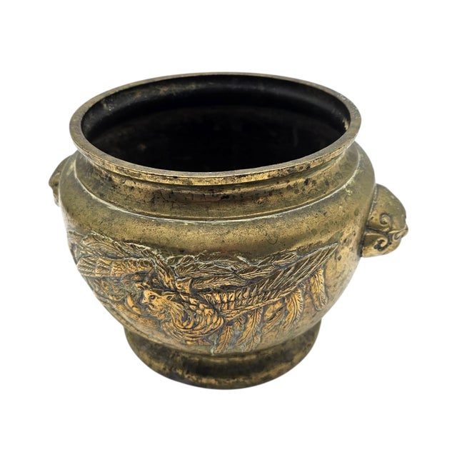 Antique Chinese Brass Censer With Phoenix Motif — Restored Cachepot Planter For Sale - Image 12 of 15
