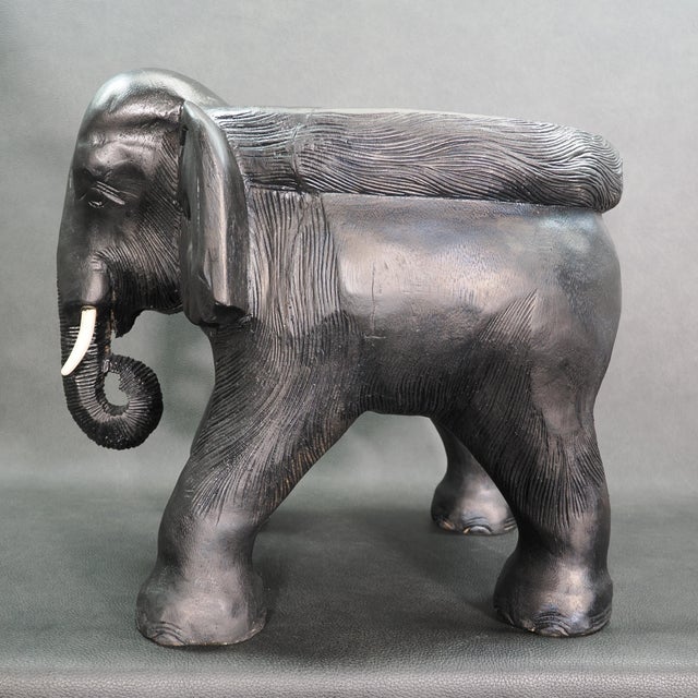 1970s 1970s Carved Solid Wood Black Indian Elephant Footstool With Cushion For Sale - Image 5 of 12