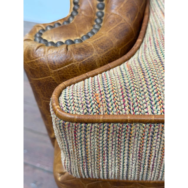 Embossed Cognac Leather Wing Back Chair by Davis and Shaw For Sale - Image 11 of 17