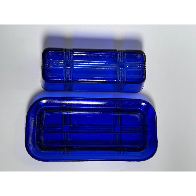 Blue Vintage Art Deco Style Cobalt Blue Glass Depression Glass Butter Dish For Sale - Image 8 of 10