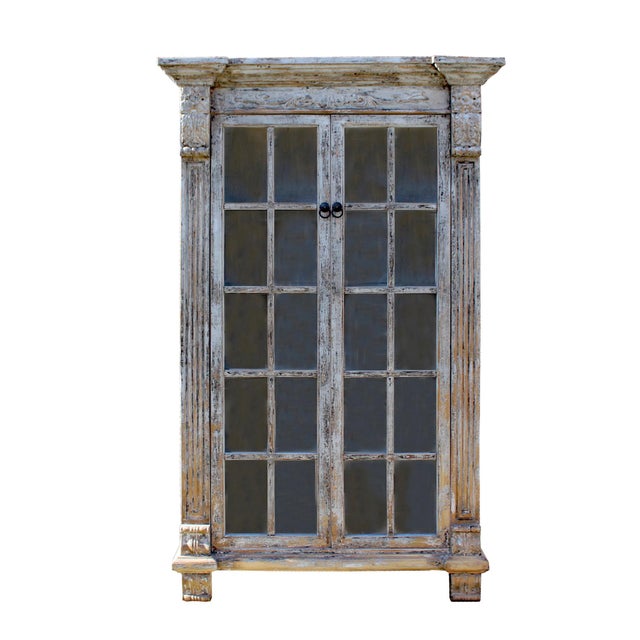 Distressed Pastel Black Gray Tall Glass Door Display Bookcase
