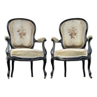 Pair of 19th Century Ebonized French Fauteuils With Original Needlepoint Upholstery For Sale