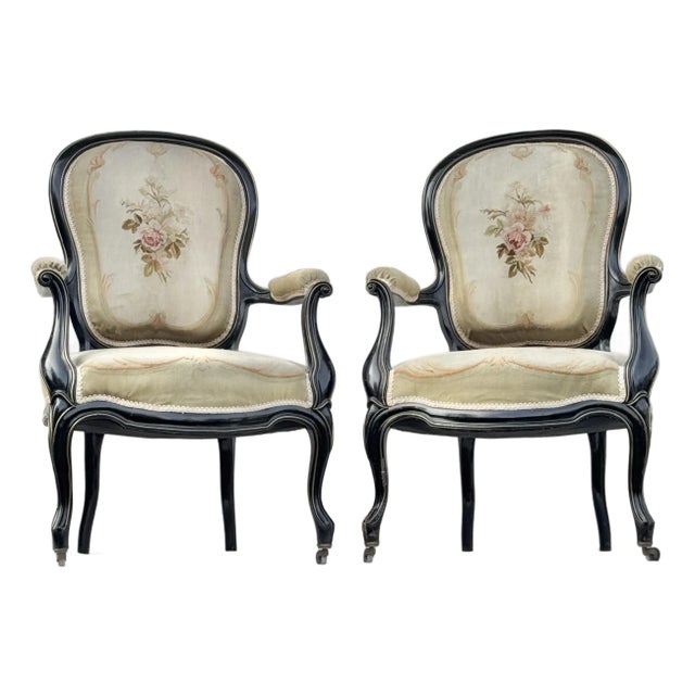 Pair of Antique 19th Century Ebonized French Fauteuils With Original Needlepoint Upholstery For Sale