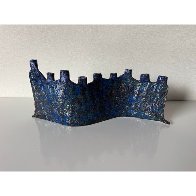 1990’s Vintage Handmade Blue Glazed Studio Pottery Ceramic Sculptural Menorah For Sale - Image 4 of 12