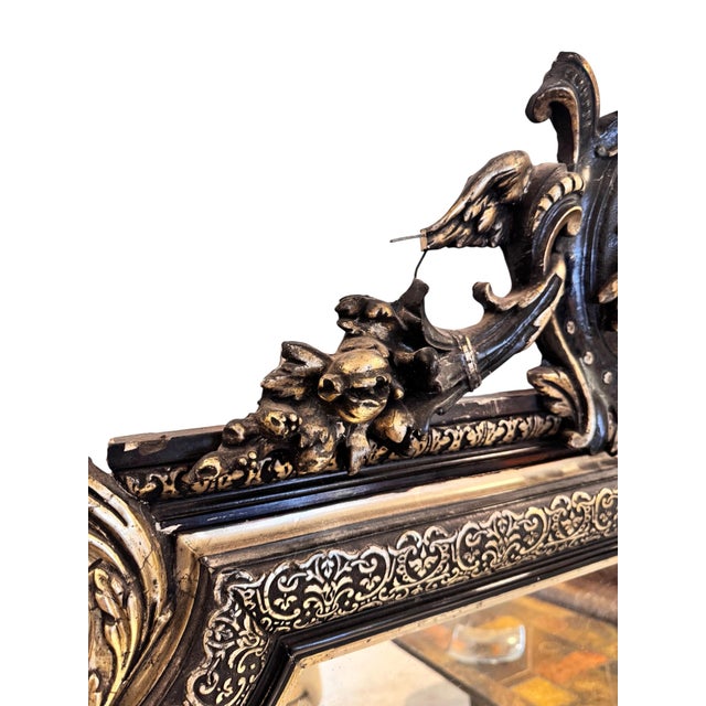 Antique Victorian Gothic Mirror with Silver Leaf Inlay over Black Gesso Frame, 1850 For Sale - Image 4 of 12