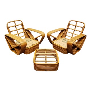 Pair of Paul Frankl Style Vintage Rattan Armchairs and Ottoman For Sale