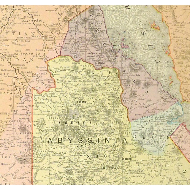 Fascinating color wood engraved map of Abyssinia, today's Ethiopia and the surrounding countries, 1895. Shows boundaries,...
