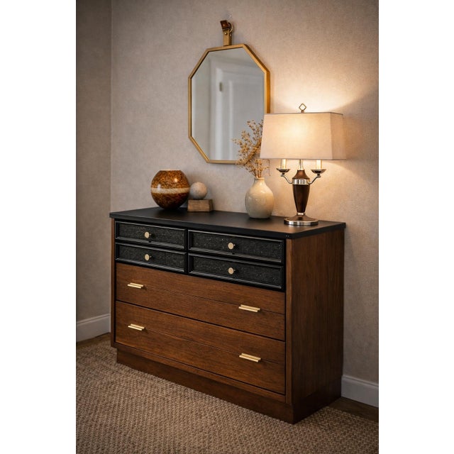 Mid 20th Century Vintage Mid-Century Walnut Dresser With Black Cane Drawer Fronts & Brass Hardware For Sale - Image 5 of 7
