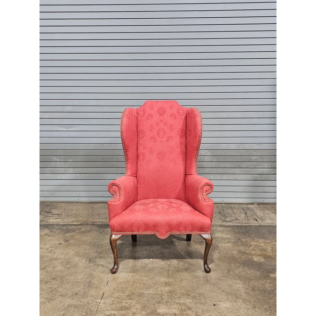 Store Item: Baker Mahogany Philadelphia Queen Anne Style Wing Chair Damask Needlepoint Fabric Description: High End Baker...