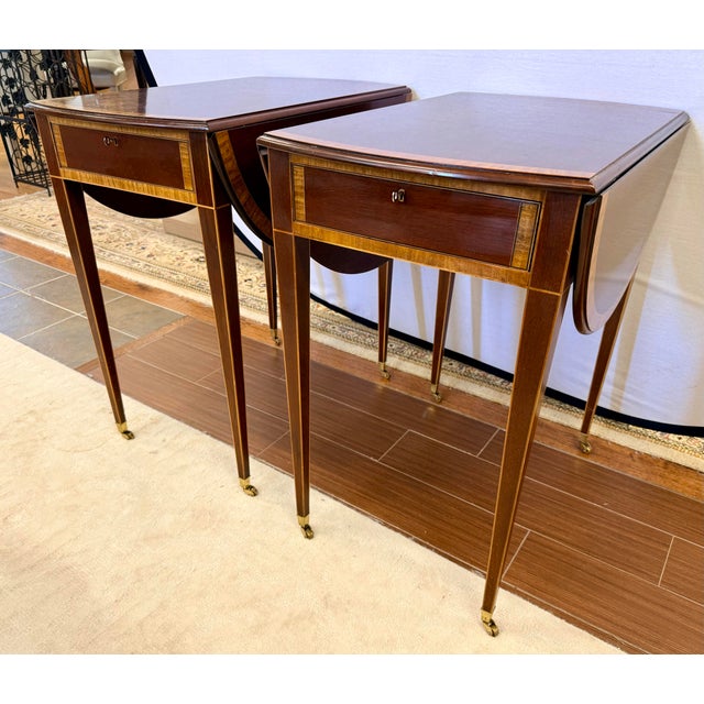 Pair of Mahogany Inlay Pembroke Drop Leaf End Tables For Sale - Image 11 of 11