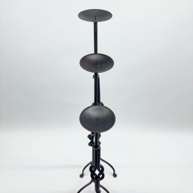 Hand Forged Iron Candelabra Set of 3 (88-108cm) Antique Copper Double Stem with Hercules Knot and Arched Base For Sale - Image 12 of 12