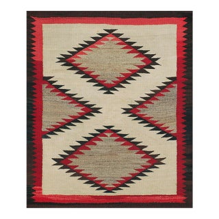 1930s Ivory Geoemtric Tribal American Navajo "Double Saddle" Rug 3' X 3'9" Flatweave Wool Carpet For Sale