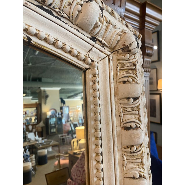 Oversized Antique Frame Mirror in Distressed White Finish For Sale In West Palm - Image 6 of 6