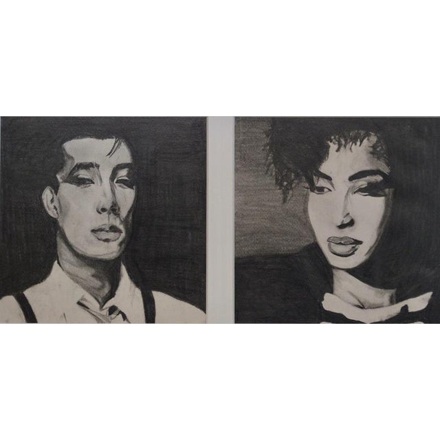 Stylistically evocative of the 1980s, this is a striking pair of charcoal portrait drawings, presented together as a...