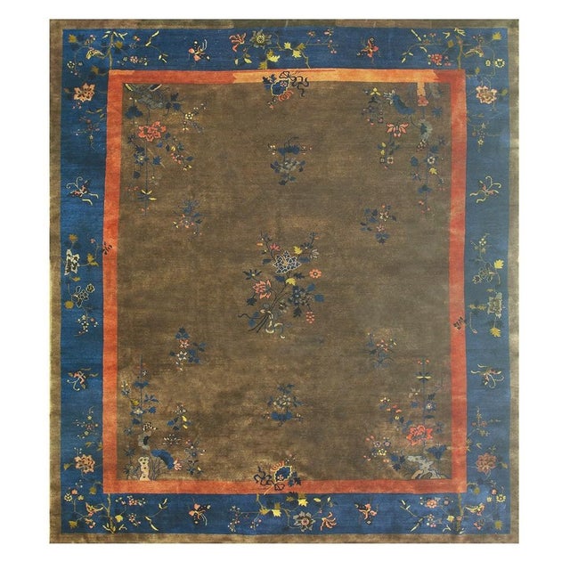 Textile 1920s Brown Field Modern Floral Antique Chinese Art Deco Rug For Sale - Image 7 of 7