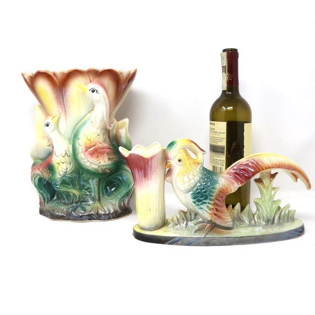 Vintage Mid-Century Iridescent Pheasant Ceramic Vases — Matched Pair For Sale - Image 11 of 11