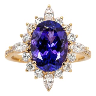 Royal Elegance - 3.7cts Tanzanite and Natural Diamonds 14k Gold Ring, Size 6.75 For Sale
