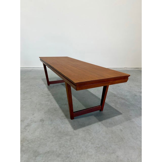 Wood Large Mid Century Modern Danish Teak Bench With Pull Out Tray For Sale - Image 7 of 12