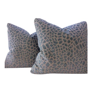 Cowtan & Tout "Lynx" in Aqua Blue Leopard Print Pillows - a Pair For Sale