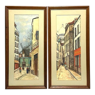 Montmartre Street Scenes by Maurice Utrillo Vintage Walnut Framed Prints, a Pair For Sale