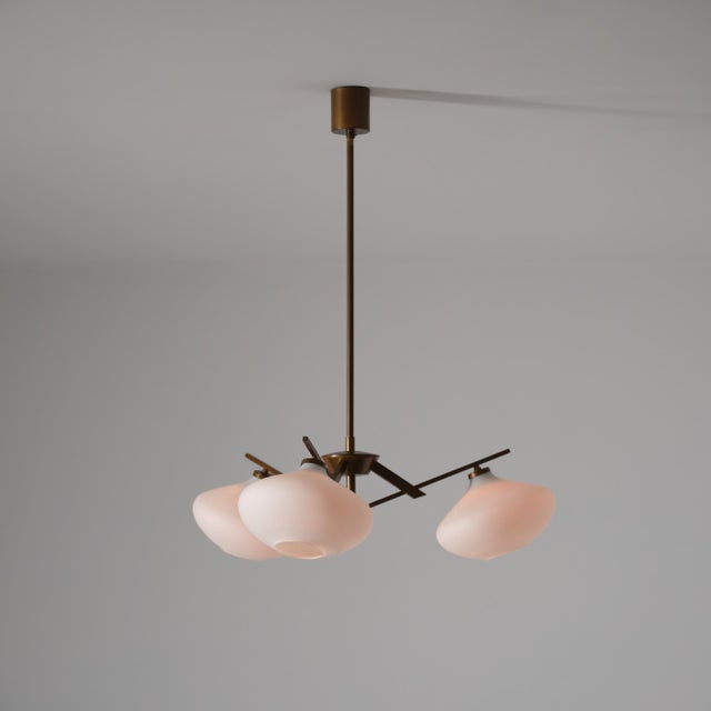 1950s Italian Brass Pendant Light with Three Opaline Glass Shades, 1950s For Sale - Image 5 of 8