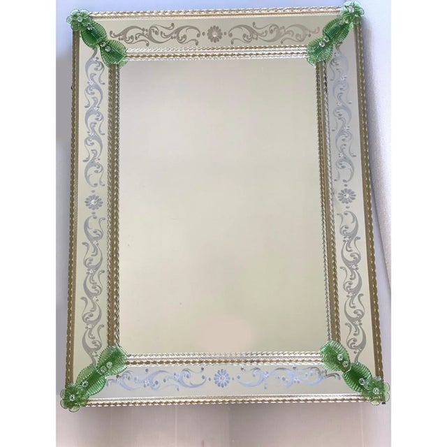 Rectangular Contemporary Venetian Murano Glass Mirror Featuring Green Floreal Hand-Carving For Sale - Image 9 of 12