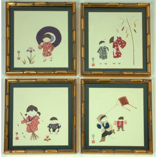 Wood 4 Faux Bamboo Japanese Paper Cut Collage Art Set For Sale - Image 7 of 7