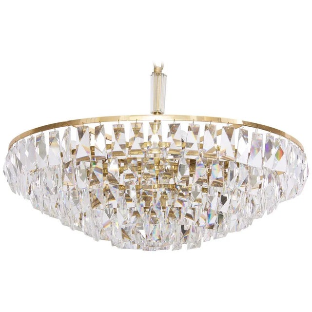 Large Gilded Brass and Crystal Glass Chandelier from Palwa, 1950s For Sale - Image 9 of 9