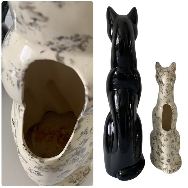 Ceramic Vintage Haeger Cats, Art Deco Mid Century Modern, Tall Seated Black and White Cat Ceramic Statuettes Figures - Set of 2 For Sale - Image 7 of 13