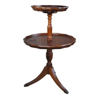 Vintage English Walnut 2 Tier Dumbwaiter Pie Crust Butler Pedestal Table 31" For Sale