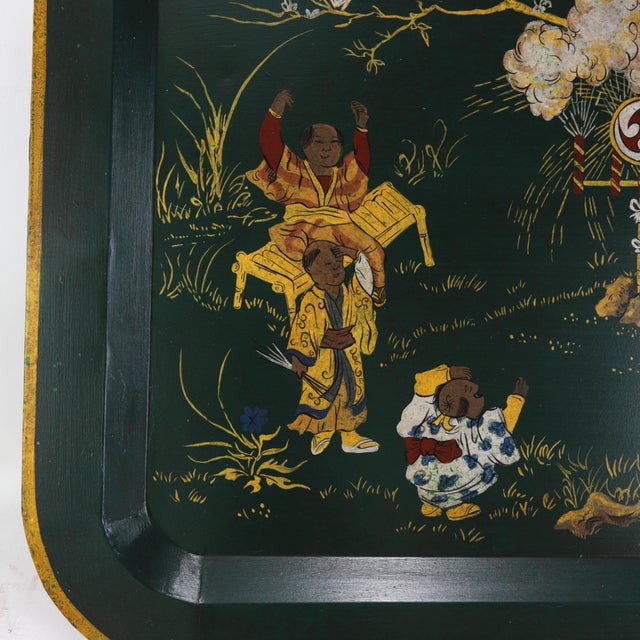 Vintage Dark Green Lacquer Rectangular Tray With Hand Painted Gold Asian Festival Scene and Chinoiserie Style For Sale - Image 9 of 14