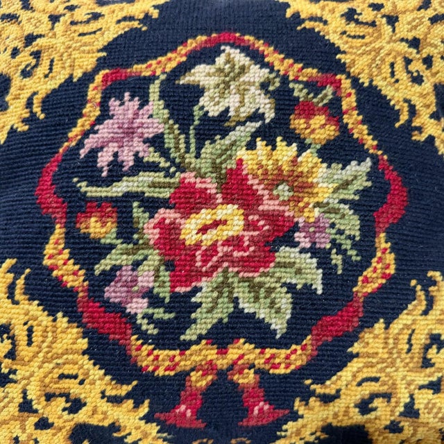 Vintage Floral Needlepoint Pillow with Insert 12x12, Navy Blue Velvet Back, Antique Style Tapestry Accent Cushion, Small...
