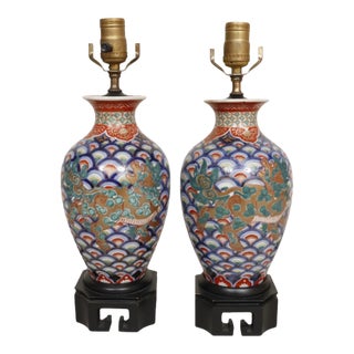 Mid 20th Century Hand Painted Komainu Ceramic Table Lamps - a Pair For Sale